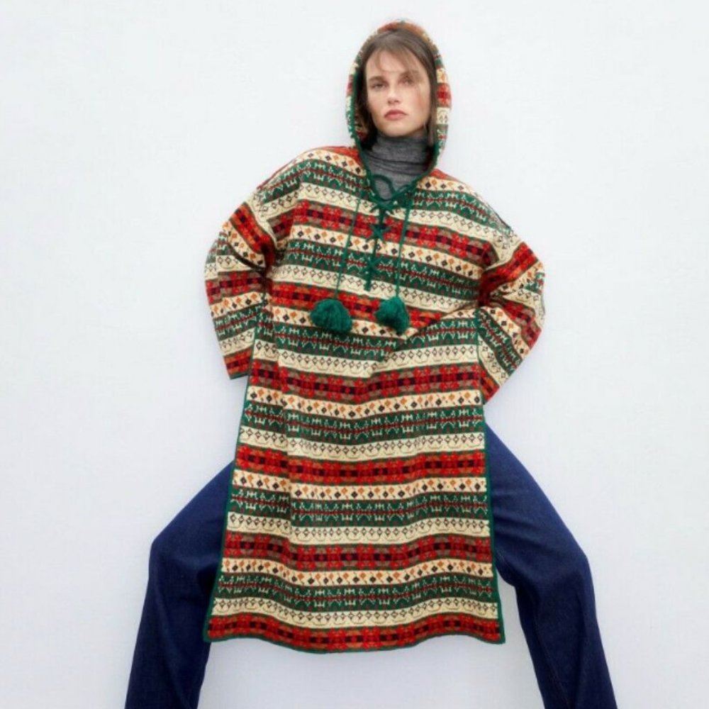 NWT Zara JACQUARD WOOL BLEND PONCHO S-M | 5755/138 $129 NWT GREEN STRIPED